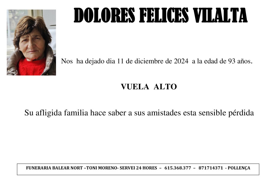 Esquela de DOLORES FELICES VILALTA