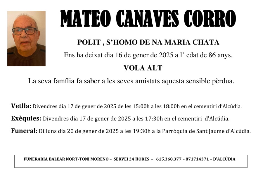 Esquela de MATEO CANAVES CORRO